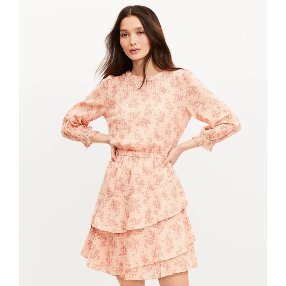 LOFT Womens Meadow Tiered Floral Sunrise Peach Mini Dress Size Small Long Sleeve - Picture 15 of 16